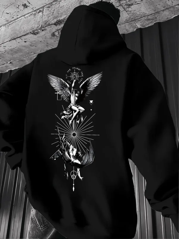 Men's Gothic Angel & Tarot Print Hooded Sweatshirt - Longr Machine /Fall Layering (Tarot Card Design Regular Fit) - Ideal for Themed Events & Casual Attire Featuring Angel & Tarot Motifs Comfortable Knit Fabric and Versatile Streetwear Styl