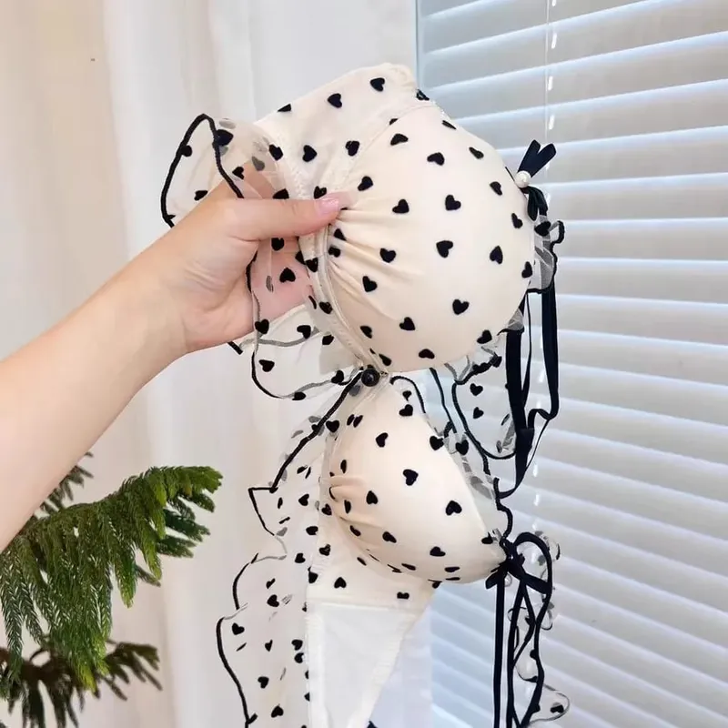 Japanese girl polka dot bra set pure desire sexy without underwire small chest push-up underwear cute lace bra — image 4