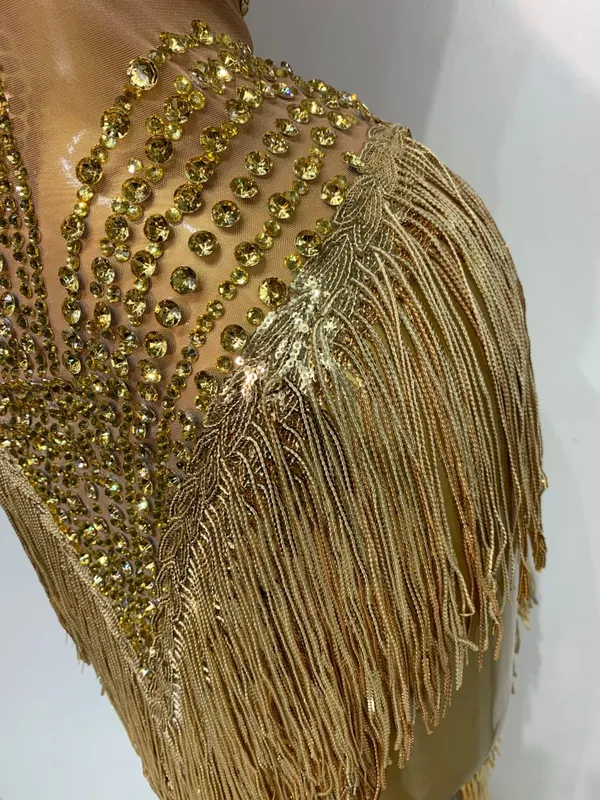 Sexet scenekostume Glitrende Rhinestone Mesh Gennemsigtige pailletter kvast Aften Fødselsdagsfest Natklub Dans Sanger Outfit — image 6