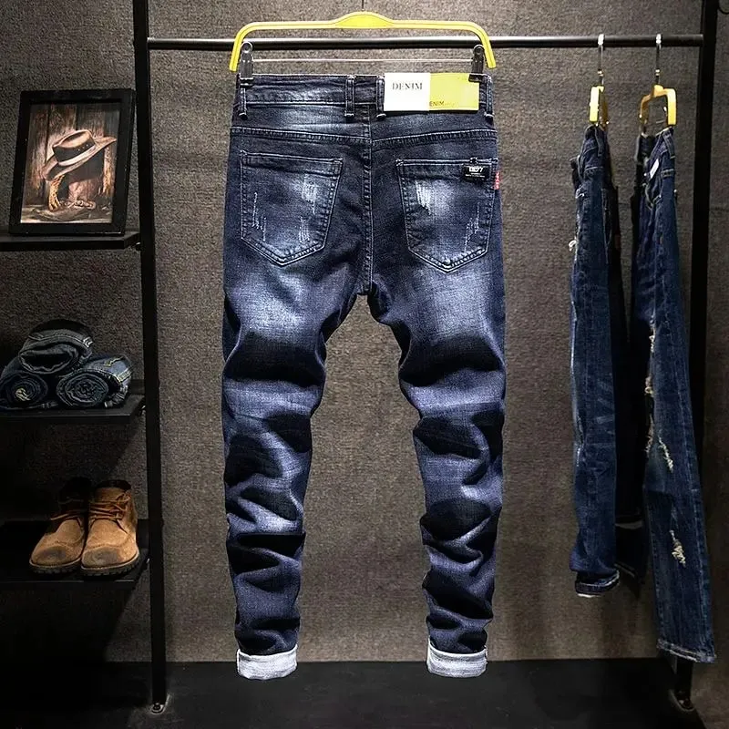 American Elastic Straight Jeans Men Ripped Worn-out Slim-fit Cotton Denim Pants Korean Style Fashion Blue Black Men's Clothing — image 6