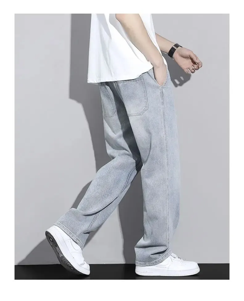 Men's Straight Leg Jeans American High Street High-quality Drawstring Design Daily Casual Loose Pants Washed Polished White
