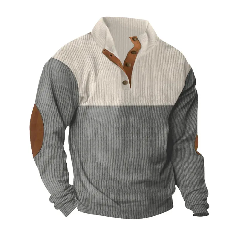 Men's Hoodies Spring And Autumn Corduroy Casual Patchwork Stand Collar Button Sports Hoodie Man Clothing — image 13