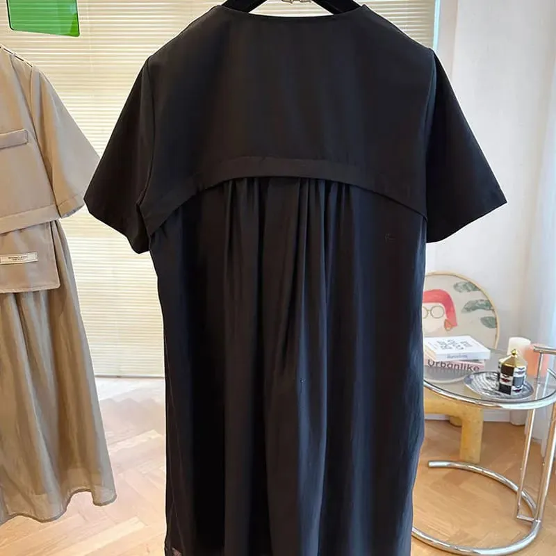 Stylish Asymmetrical Patchwork Midi Dress Women's Clothing Fake Two Pieces Loose Summer V-Neck Button Basic Solid Color Dresses — image 6