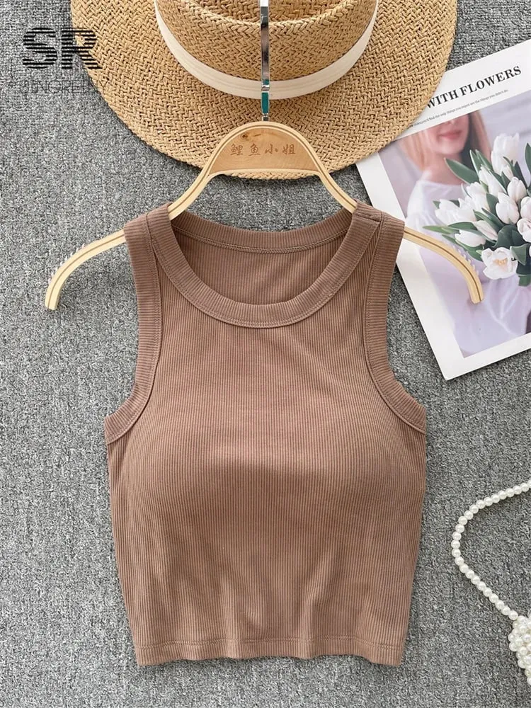 Sleeveless Knit Top Women Backless Korean Bra O Neck Solid Elastic Waist Ladies Elegant Fashion Casual Crop Top