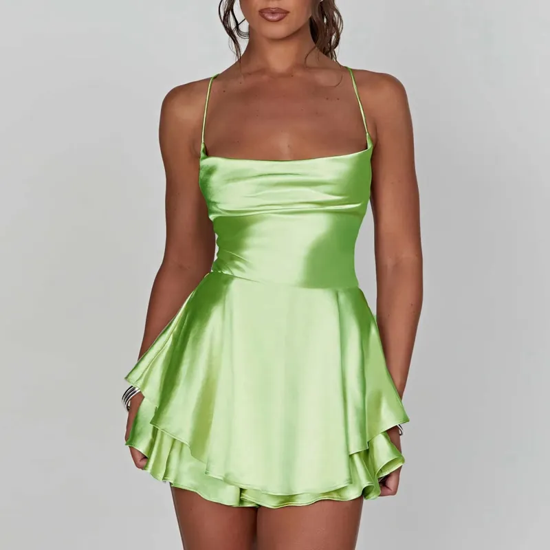 Satin soie femmes Sexy Cami combishorts robe solide col bénitier sans manches combinaisons courtes été croix cravate dos nu barboteuse — image 11