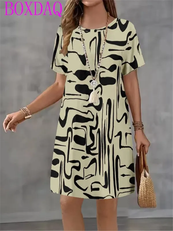 2025 New Women's Dresses Graphic Print Elegant Beautiful Mini Dresses Female Summer Loose Short Sleeve O-Neck Print A-Line Dress