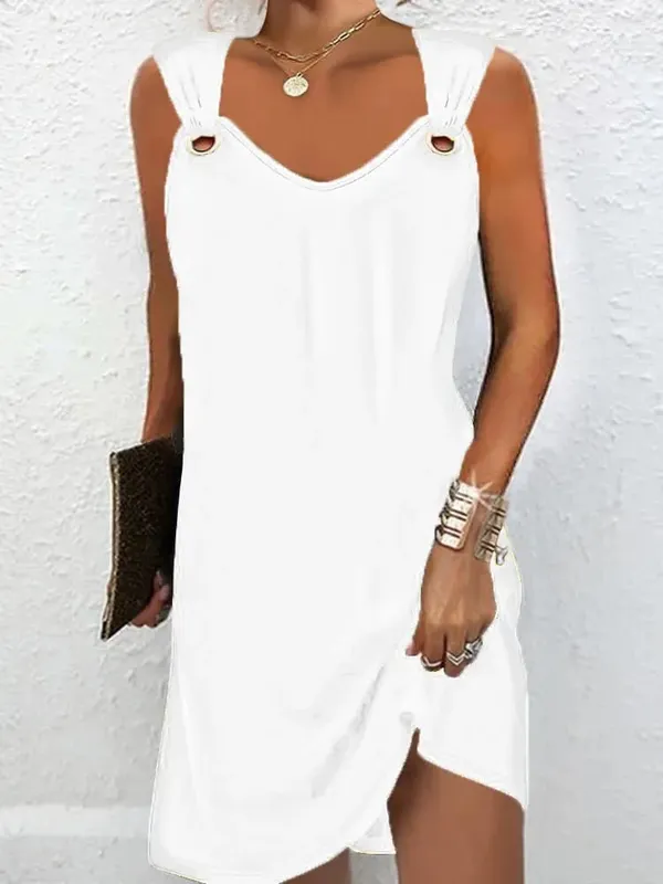 Women Summer Casual Dresses 2025 Elegant Simple Style Solid Color Metal Button V-neck Sleeveless Dress Female Sexy Midi Vestidos — image 8