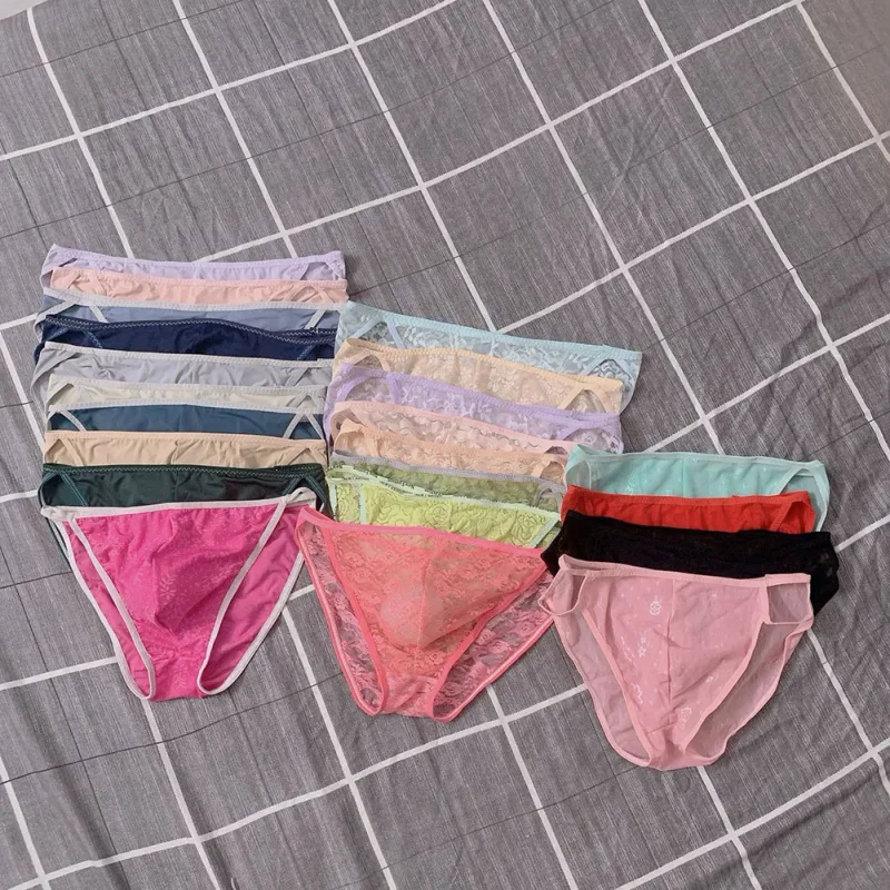 Random 1pc Men Briefs Bottoms Low Waist Transparent Lace Floral Lingerie Breathable Soft Summer Panties Underwear