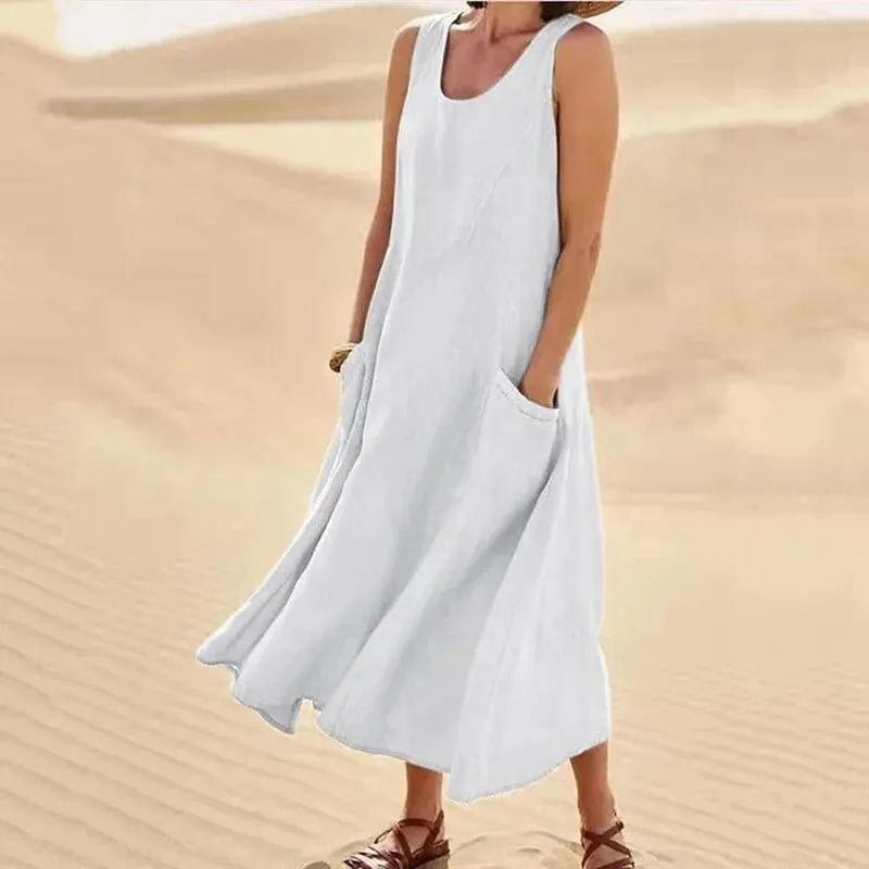 Sleeveless Suspenders Cotton Linen Dress Women Side Double Pocket Splicing Solid Color Dresses Women Summer Casual Commuter Gown — image 2