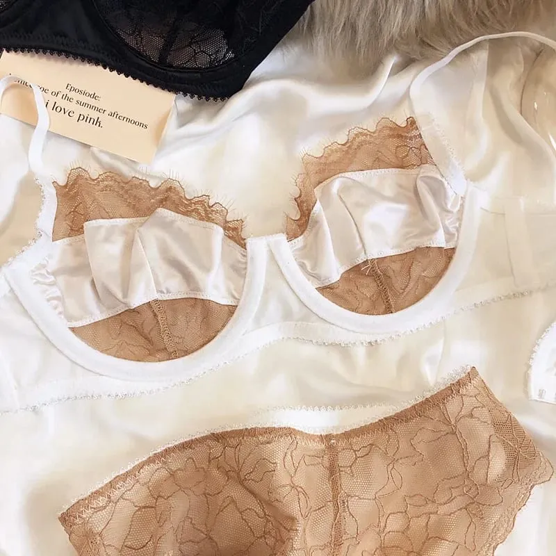 2 Pieces Sexy Ultra Thin Lace Bra Set Women Splicing Color Underwear French Silk Breathable Bras and Panties Intimate Lingerie — image 4