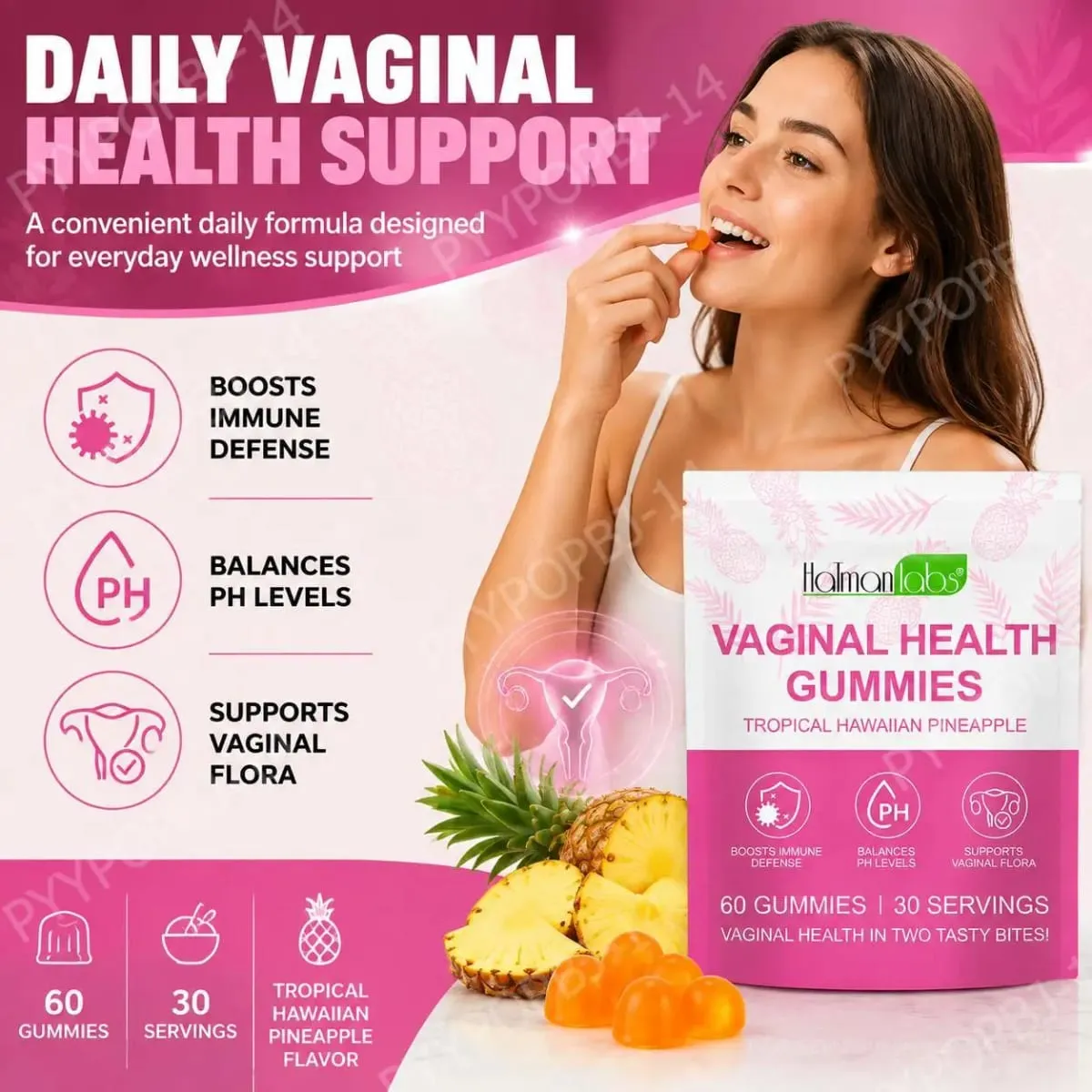 HolmanLabs Vaginal Health Gummies avec vitamine C et probiotiques soutiennent la flore vaginale aide à équilibrer les niveaux de pH 60 Gummies — image 1