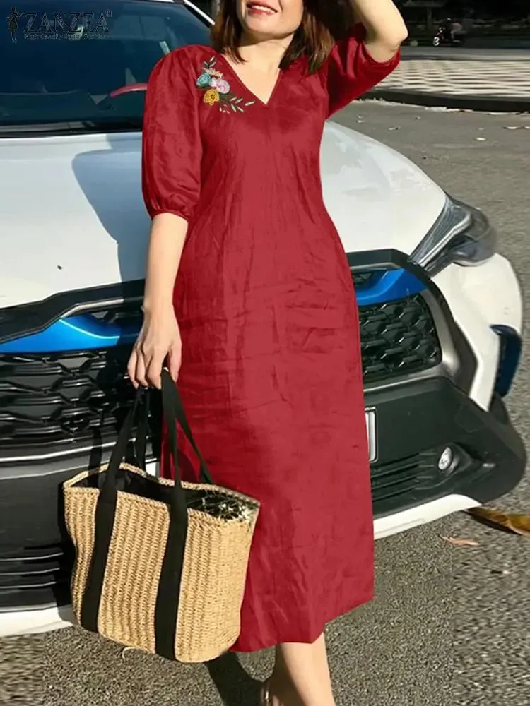 Women V Neck A-line Vestidos Solid Holiday Casual 2024 Summer Dresses Commute Half Sleeve Floral Embroidery Midi Dress — image 1