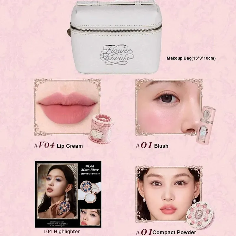 Flower Knows Strawberry Cupid Set trucco professionale per donna Kit completo Confezione regalo Ombretto Crema labbra Blush Set in polvere compatta — image 9