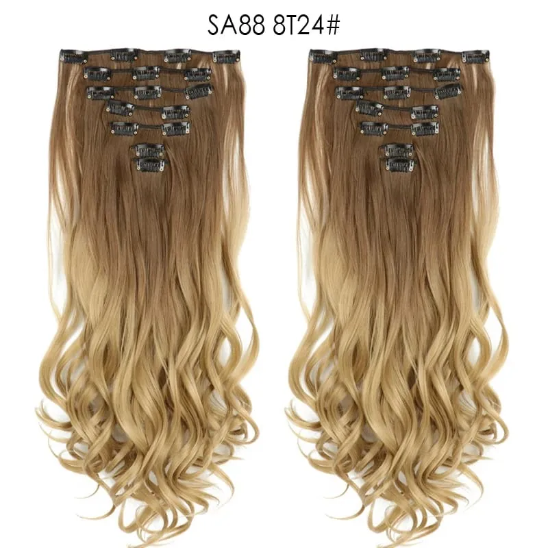 Clip in Long Wavy Synthetic Hair Extension 22 Inch Black 7PCS Thick Hairpieces Fiber Double Weft Hair for Women