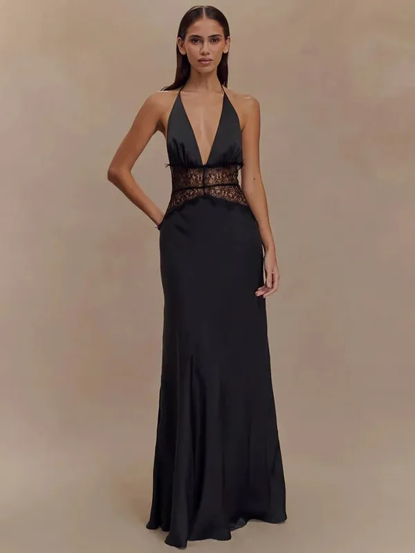 Mozision Summer Backless Sexy Maxi Dress Women Gown Patchwork Lace Halter Deep V Neck Sleeveless High Waist Elegant Long Dress — image 5