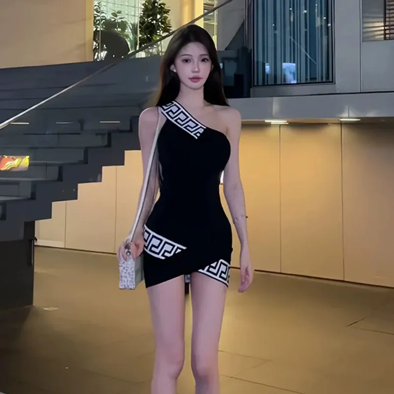 Black Skew Collar Off Shoulder Dresses Female Temperament Irregular Mini Dress Summer Slim Trend Bodycon Sleeveless Sexy Dress