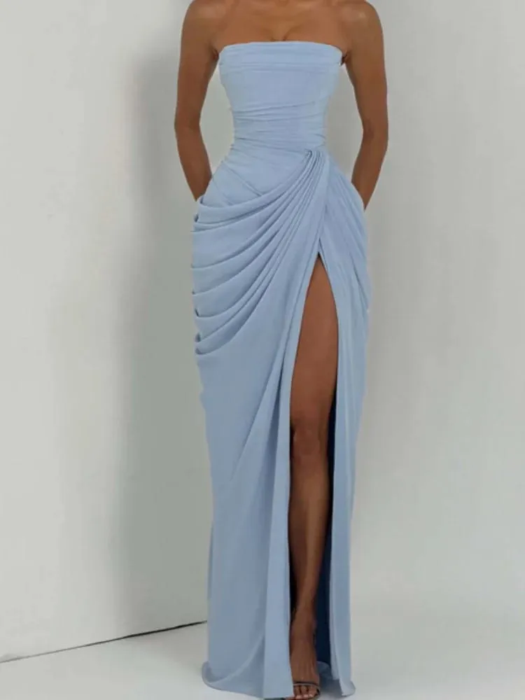 Robe plissée couleur unie, Sexy, sans bretelles, fendue, Chic, dos nu, taille haute, épaules dénudées, robes de soirée, nouvelle collection 2026 — image 5