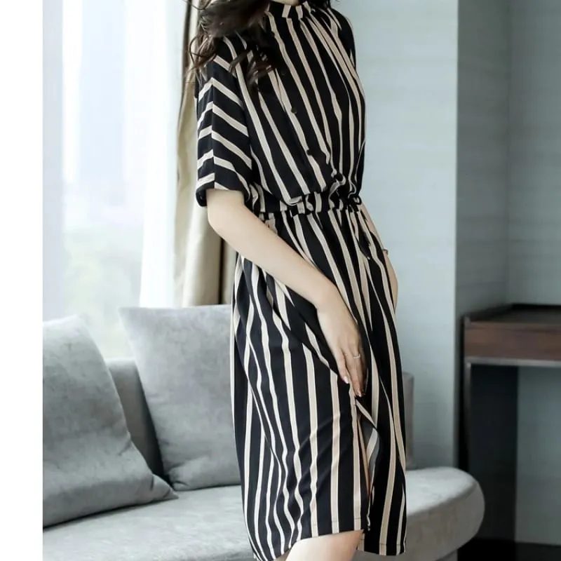 Striped Short-Sleeved Casual Midi Dress Summer Aesthetic Clothes Korean Fashion Casual Office Lady Dresses for Women Vestidos — image 4