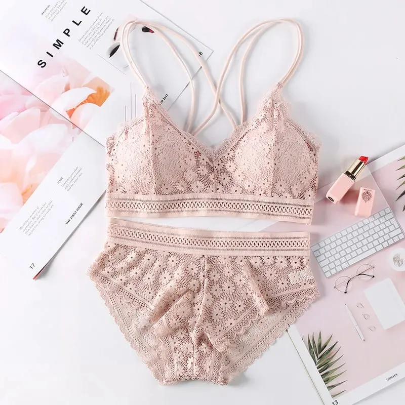 Lace Lingerie Set Cross Shoulder Strap Without Steel Ring Bra Women's Comfortable Support Underwear Fashionable Gathering Design — image 12