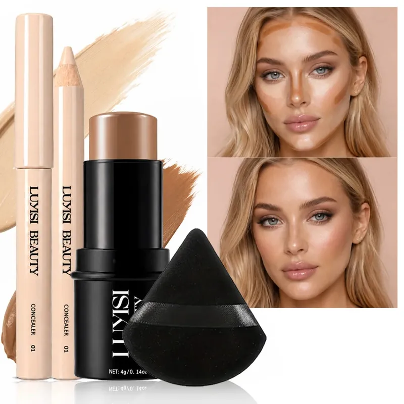 3pcs/Set Face Makeup:1pc Concealer+1pc Contour+1pc Blending Puff Waterproof Velvet Matte All-Day Wear - Buildable Coverage. — image 2