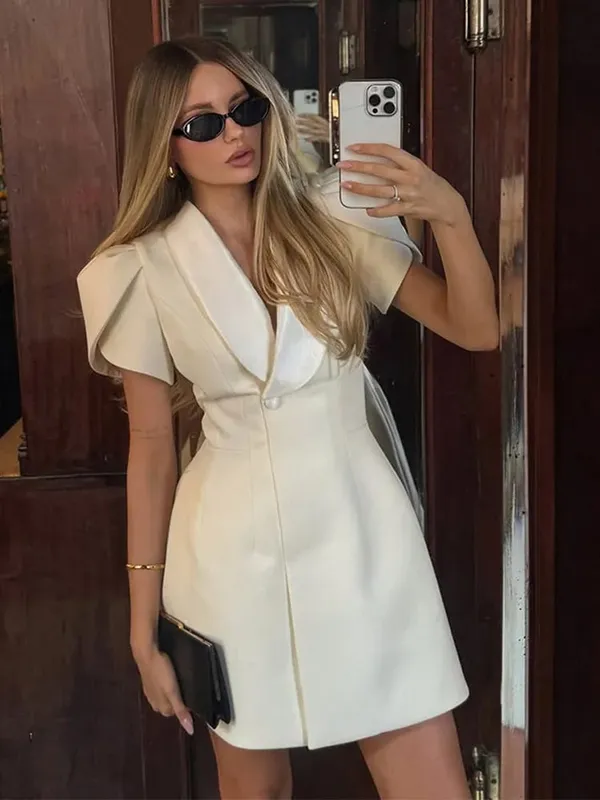Contrast Lapel Collar Blazer Mini Dress Elegant Waist Cinching Puff Sleeve Bodycon Dresses Lady Chic Urban Fashion Daily Outfit — image 8