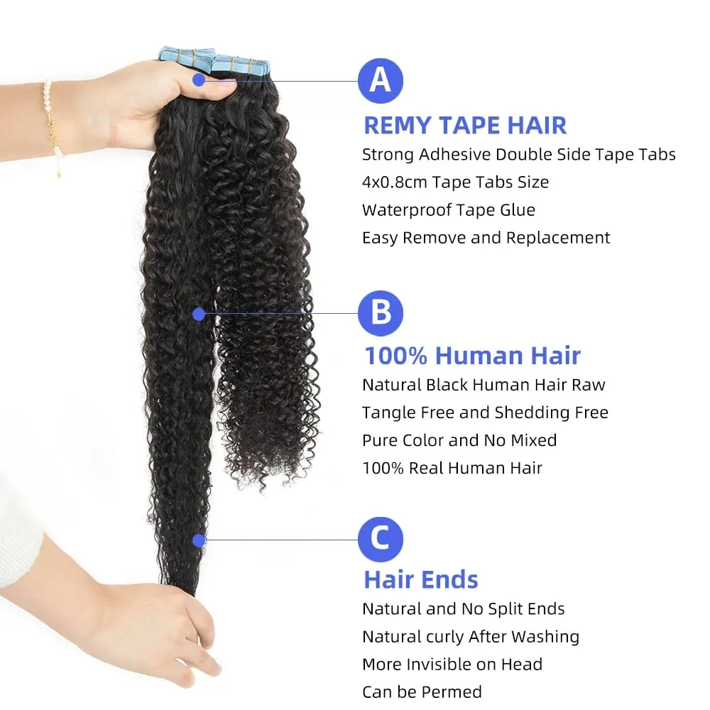 Jet Black Afro Kinky Curly Tape In Human Hair Extensions for Chocolate Women Tape Ins Hair Extension Tape on For Salon 20pcs — image 5
