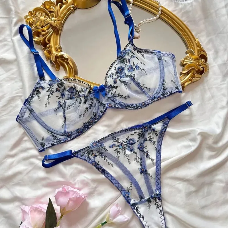 Exotic Fairy Lingerie PushUp Bra Embroidered Tulle Sheer Mesh 3Piece Transparent Intimate Wear for Women — image 4