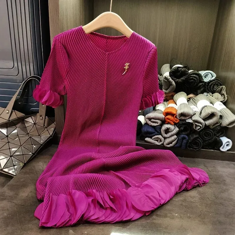 Miyake Pleated Dresses 2025 Summer New Plisse Round Neck Fold Elegant Pleat Solid Loose Thin Short Sleeve Pleats Dress Women — image 5