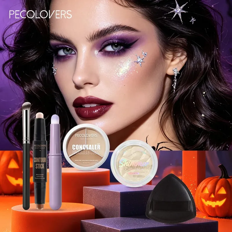 6PCS/SET Three-color Concealer Double-head Contour Stick Sparkle Highlight Palette Puff And Makeup Brush Set — image 2