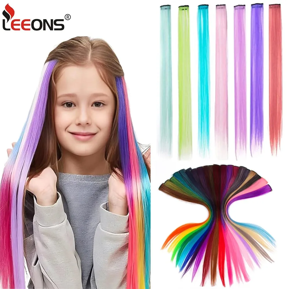 Straight Colored Hair Piece Hair Extensions Clip In Highlight Rainbow Hair Pink Blue Purple Synthetic On Clips For Women Girls — image 2