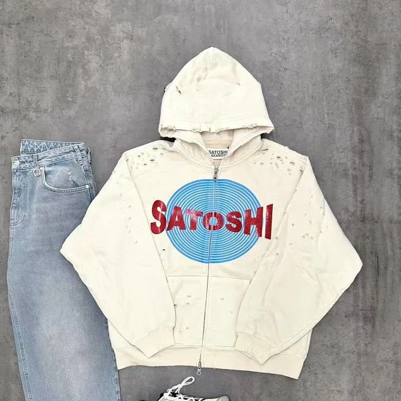 New Arrival Satoshi Zip Hoodie Destroyed Hole Design Loose Cotton Casual Outdoor Jacket Tops — image 21