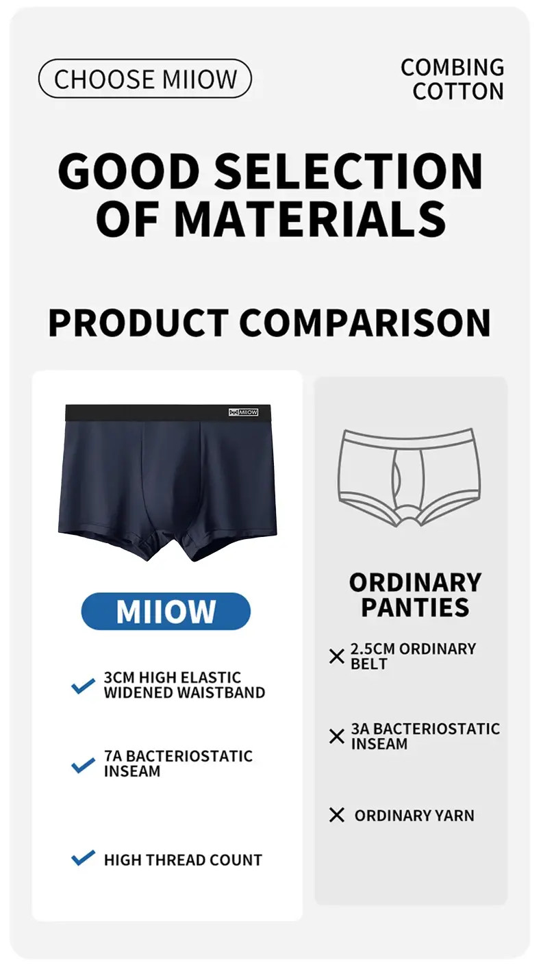 MiiOW 3Pcs Cotton Men Underwear Antibacterial Crotch Men's Panties Breathable Man Underpants Solid Comfortable Mens Boxer Briefs