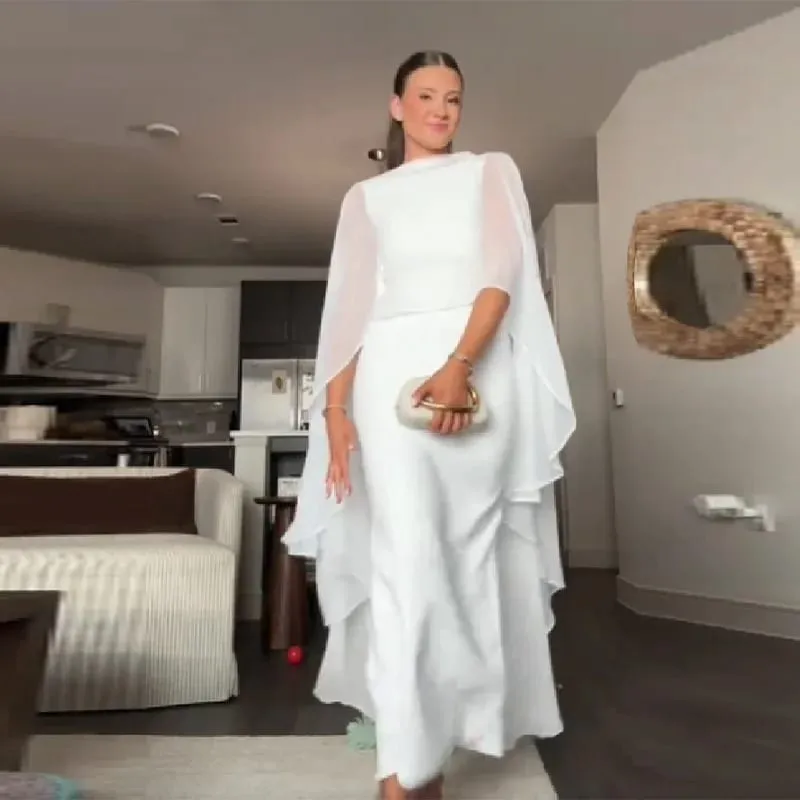 Stilfuldt hvidt sjal Slim Fit Maxikjole Damer Elegant Cape Sleeve Rund Hals Bodycon Vestido 2026 Lady Summer Chic festkåber