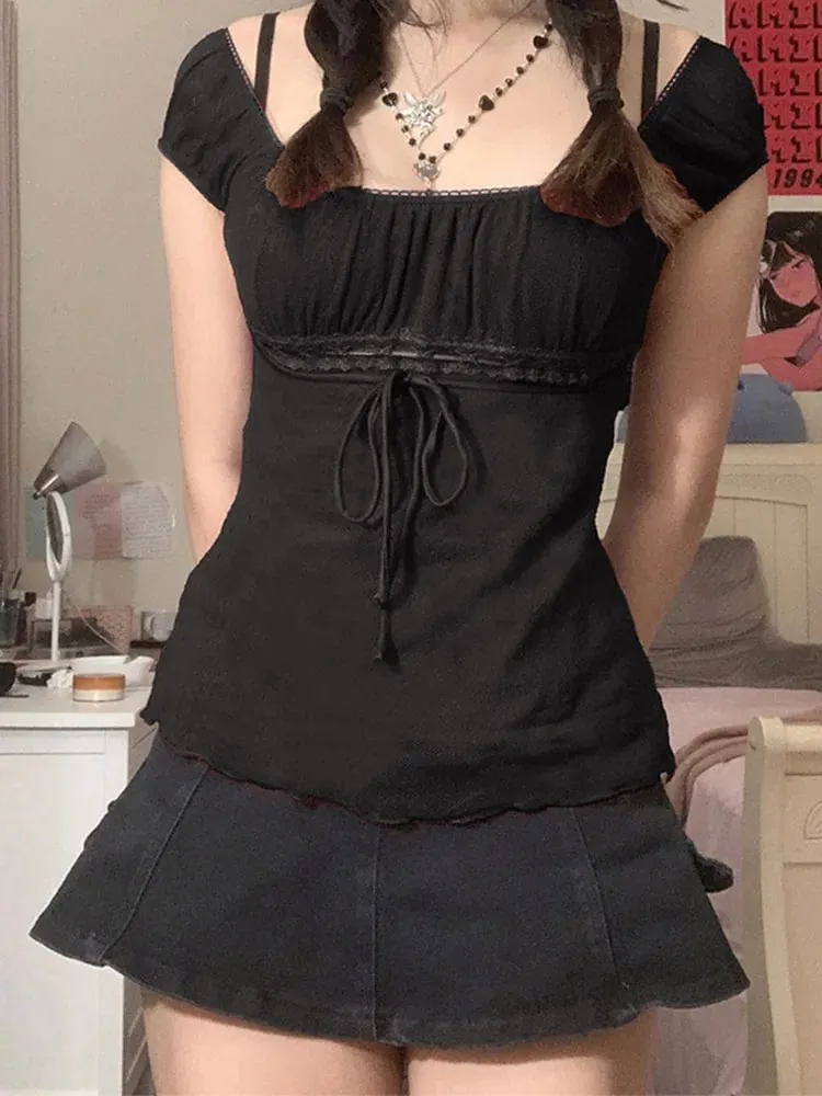 2000s Aesthetic Sweet Lace Tops Women Off Shoulder Drawstring T-shirt Korean Fashion Female Tee Fairy Grunge Streetwear — image 6