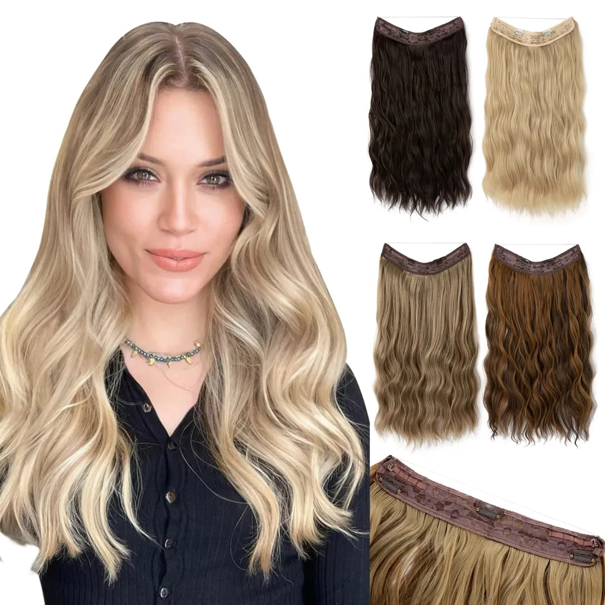 Synthetic Wave Invisible Wire With Clips Hair Extensions Fish Line Natural Blonde Clip In Hairpiece Fake Hair Piece — image 2