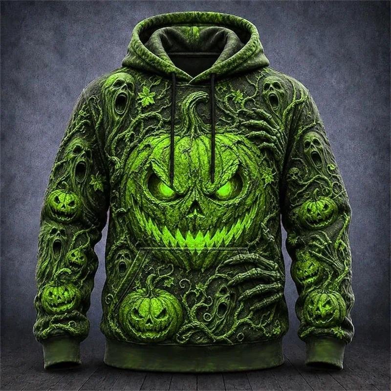 Men's Autumn Winter Halloween Hoodie Casual Pullover with Spooky Skull Print Loose Fit Festive Street-Style Top for Parties — image 11