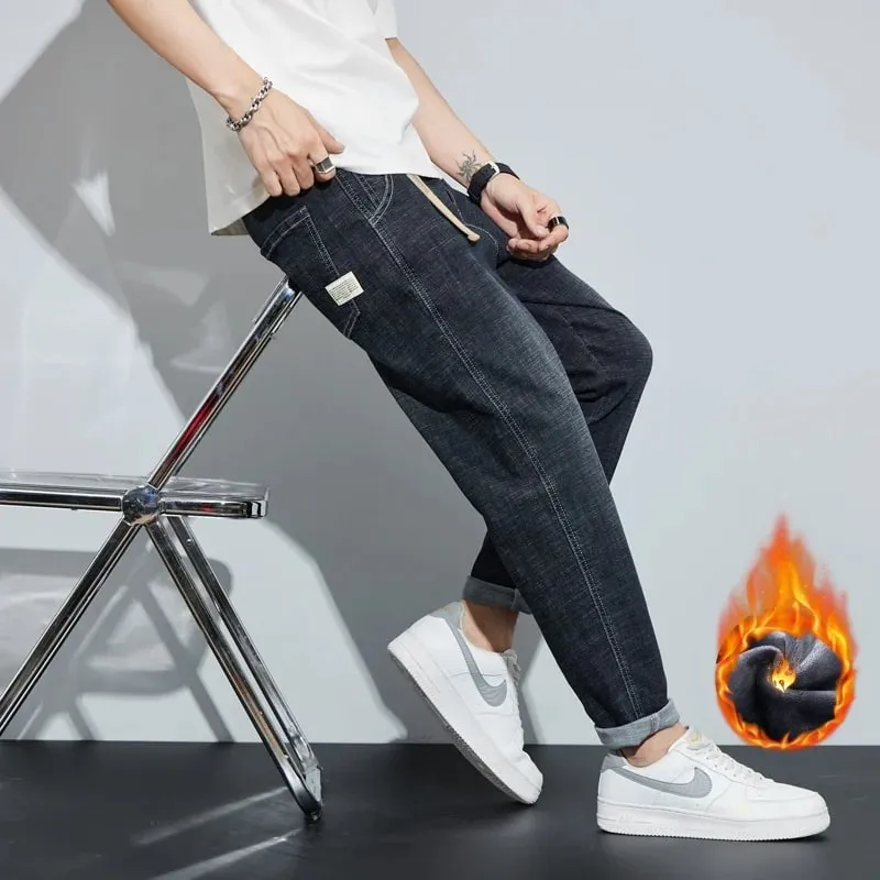 Winter Dark Blue Fleece Jeans for Men Black Loose Straight Casual Trendy Comfortable Versatile Youth Thickened Harem Pants Blue — image 4