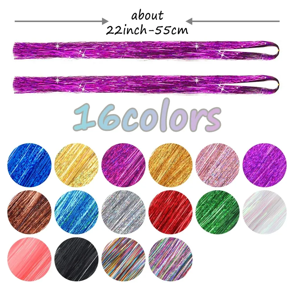 Long Sparkle Shiny Hair Tinsel Rainbow Silk Hair Extensions Dazzles Women Hippie For Braiding Headdress 120Strands/bag — image 2