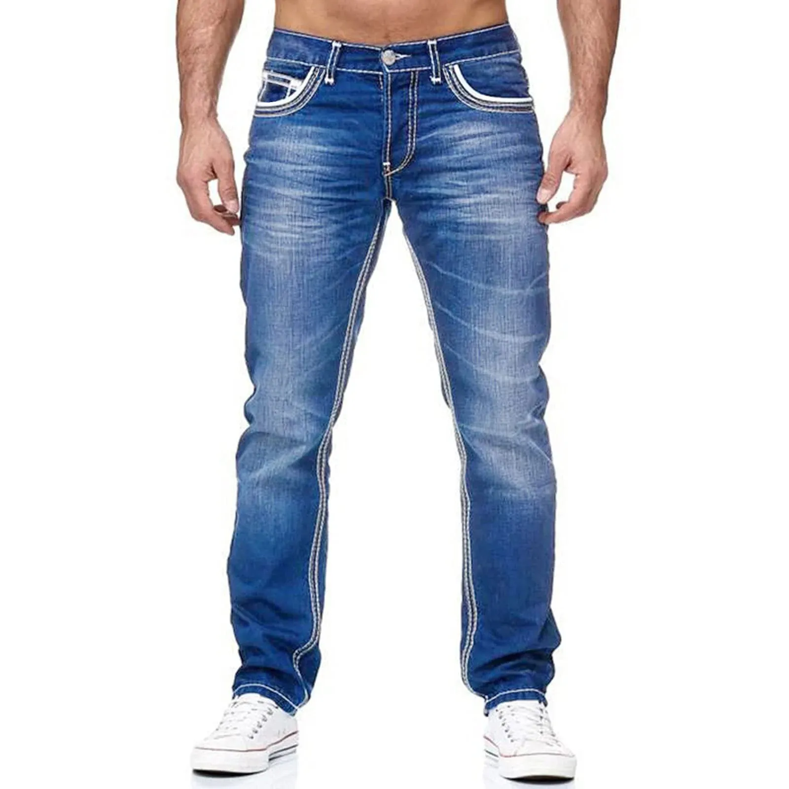 Men Jeans Solid Pockets Stretch Denim Straight Pants Spring Summer Business Casual Trousers Daily Streetwear Men's Clothing — image 3
