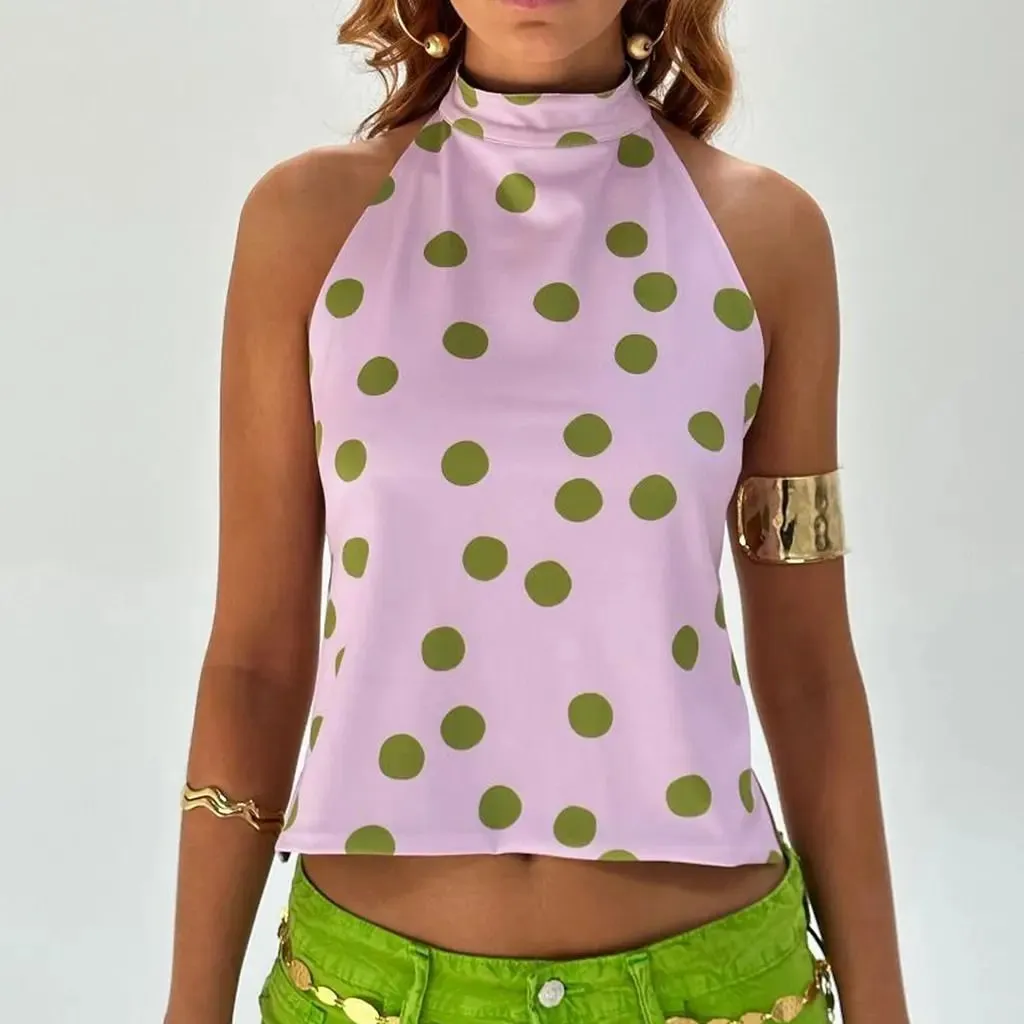 Combhasaki Women's Y2K Button Closure Halter Neck Crop Tops Sleeveless Backless Aesthetic Dots/Tie-dye Flower Print Summer Vests