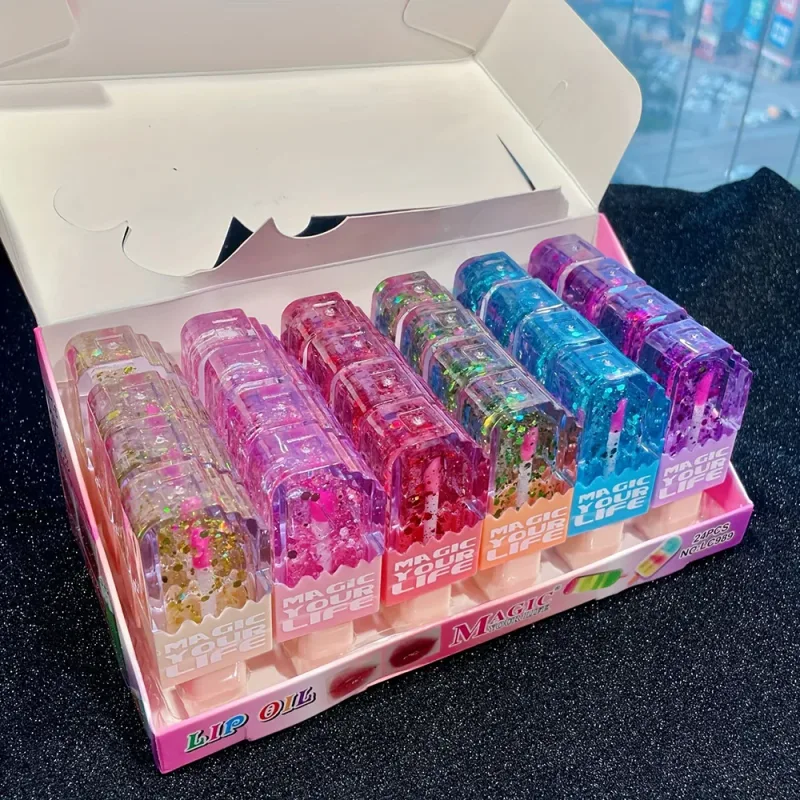 24pcs Cute Ice Cream Sequin Lip Gloss Colorchanged Lip Gloss Girls Kawaii Natural Moisturizing Lips Makeup Party Gifts — image 5