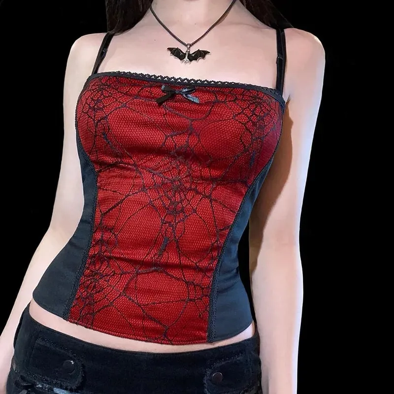 Gothic Punk Girl Spider Web Pattern Lace Patchwork Camis Women Sexy Sleeveless Square Collar Slim Tank Top Streetwear Crop Top — image 3
