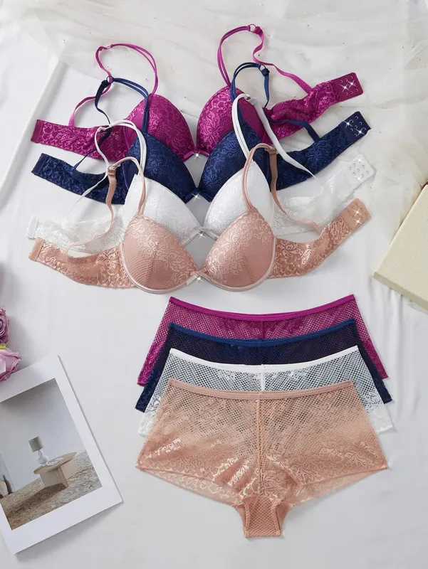 4 conjunto feminino floral renda lingerie conjunto underwire push up sutiã respirável pura oco calcinha senhoras conjunto de roupa interior