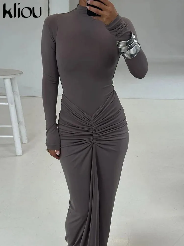 kliou Shirring Women Classic Maxi Dress Autumn New Solid Long Sleeve High Collar Body-shaping Vestidos Mujer Concise Trend Robe — image 2