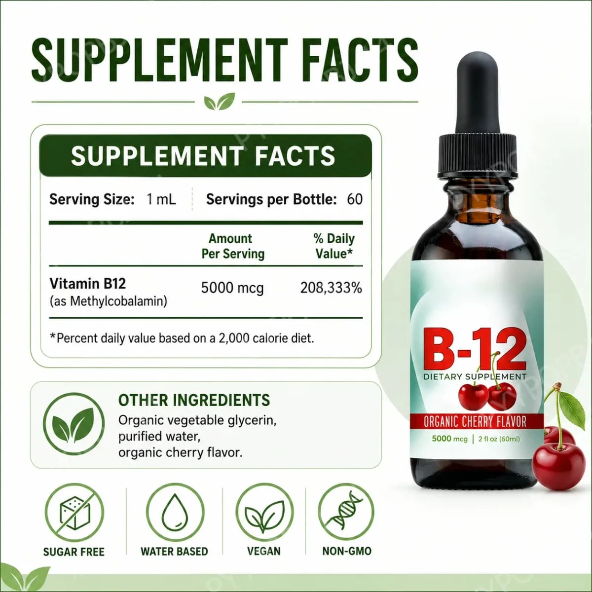 Vitamin B12 Methylcobalamin Liquid Drops 5000 mcg třešňová příchuť 2 fl oz 60 porcí Veganský denní doplněk bez cukru