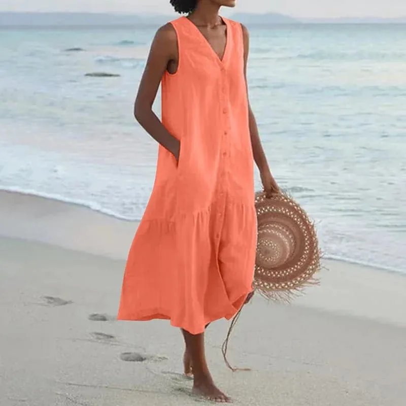 Musim Panas Longgar Kasual Patchwork Cotton Linen Pocktes Gaun V Leher Gaya Pantai Gaun Tanpa Lengan Vintage Club Midi Solid Wanita Pakaian