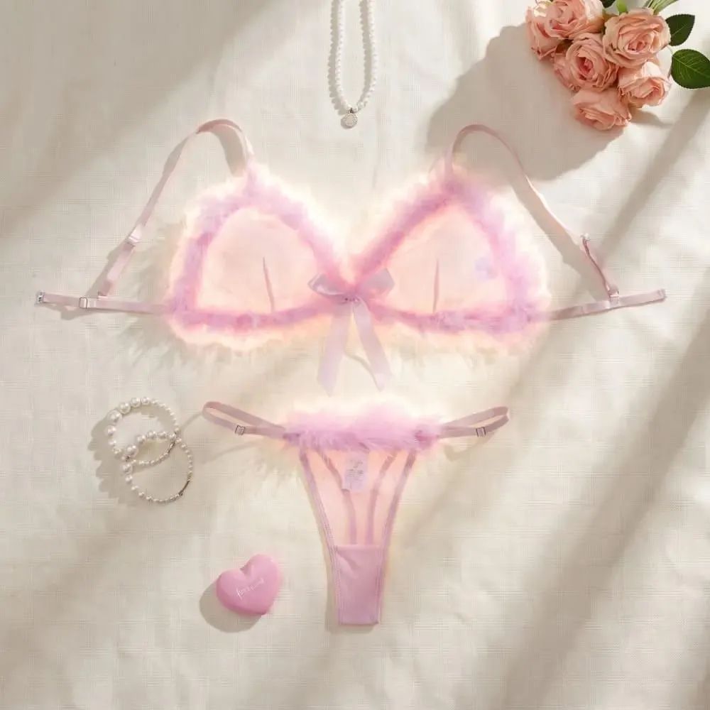 Furry Women's Underwear Mesh Transparent Bow Decor Lingerie Set Wireless Romantic Intimate Bra Panties Suit Anniversary — image 6