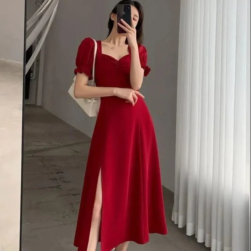 Katı Puf Kısa Kollu Zarif Yarık Elbise Yeni Moda Kadın V Yaka Tam Elbiseler Bayanlar Yüksek Bel Ince Akşam Parti vestidos — image 4
