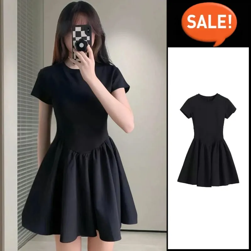 Petite Black Dress High-End Knit Spring Summer Cinched Waist A-Line Slimming O-Neck Short Sleeve Mini Stylish for Junior Ladies