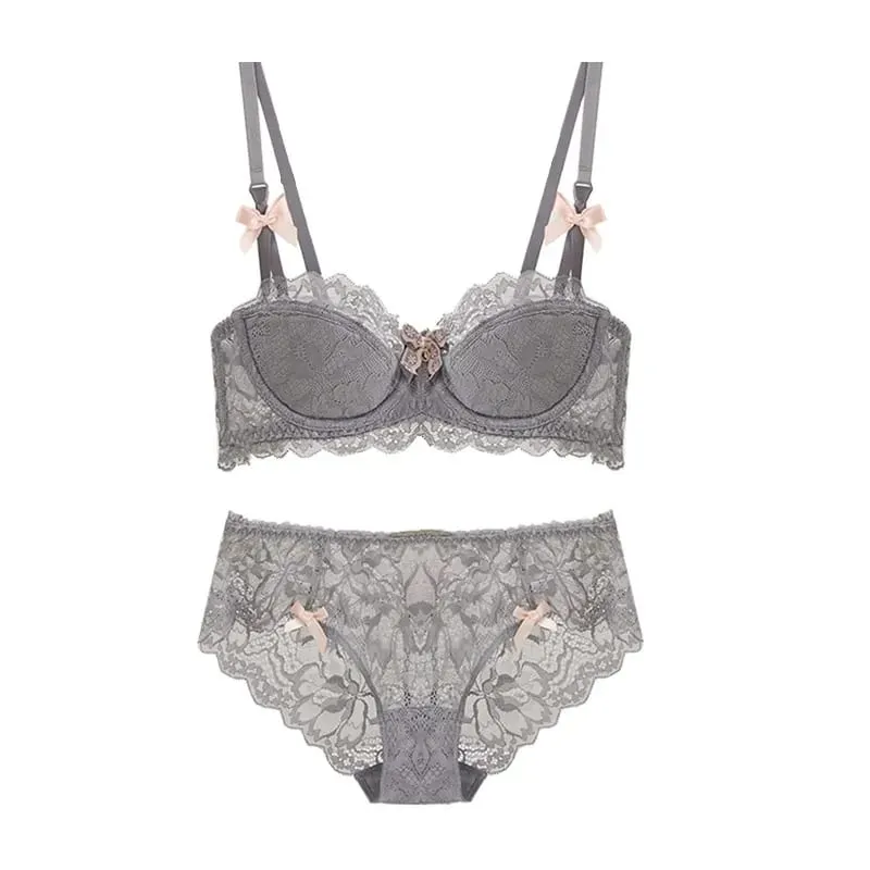 Modest French Pure Desire Bralette AB Cup Couverture complète Soutien-gorge en dentelle et ensemble Petit buste Push Up sans fil pour fille potelée Bow Grande taille — image 7